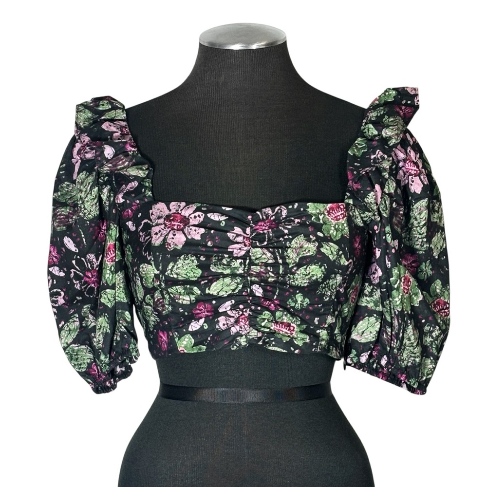 Zara – Floral Puff Sleeve Square Neck Cotton Blend Crop Top - Extra Small XS - Picture 3 of 9